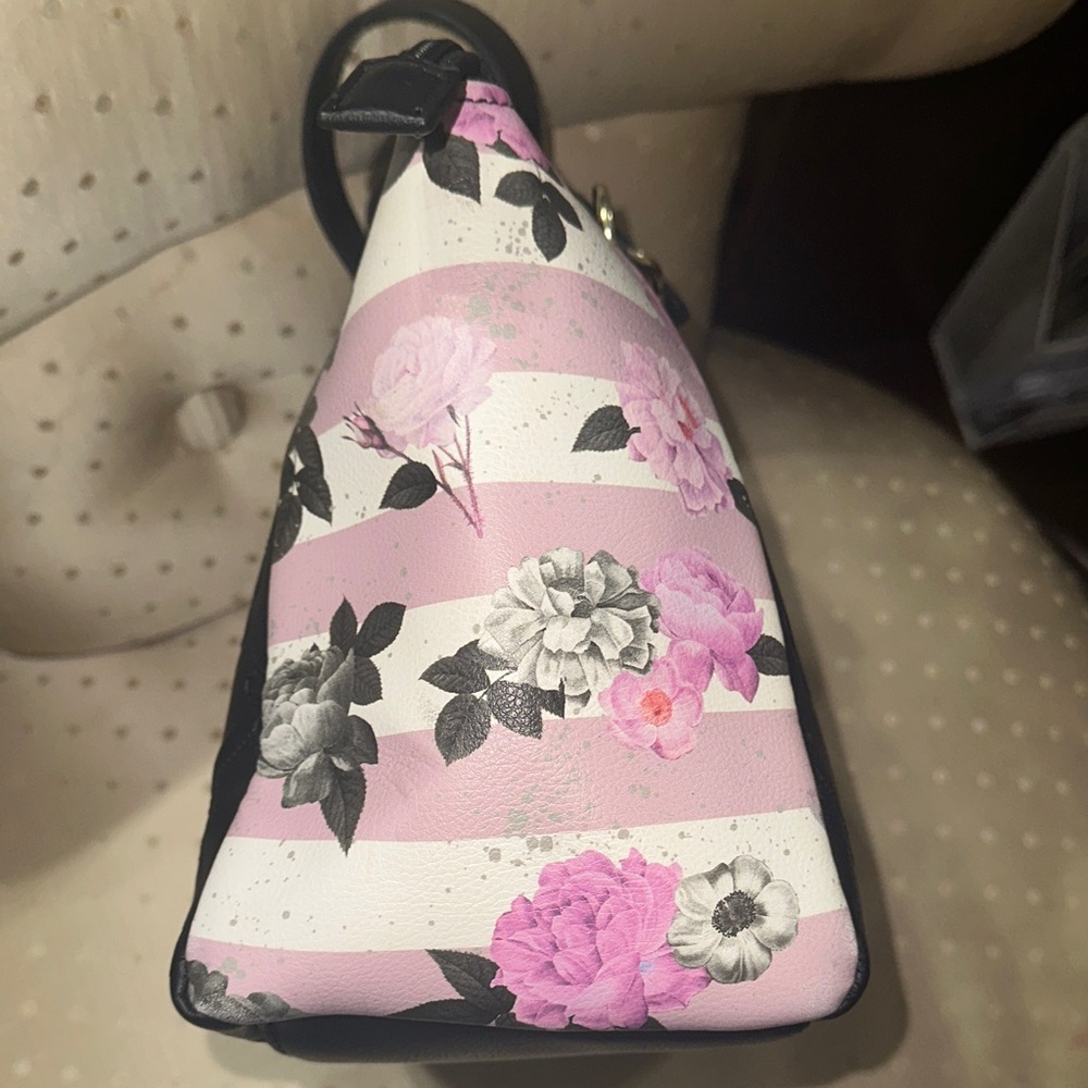 Betsey Johnson Black and Pink Striped Floral Satchel - Picture 3 of 8
